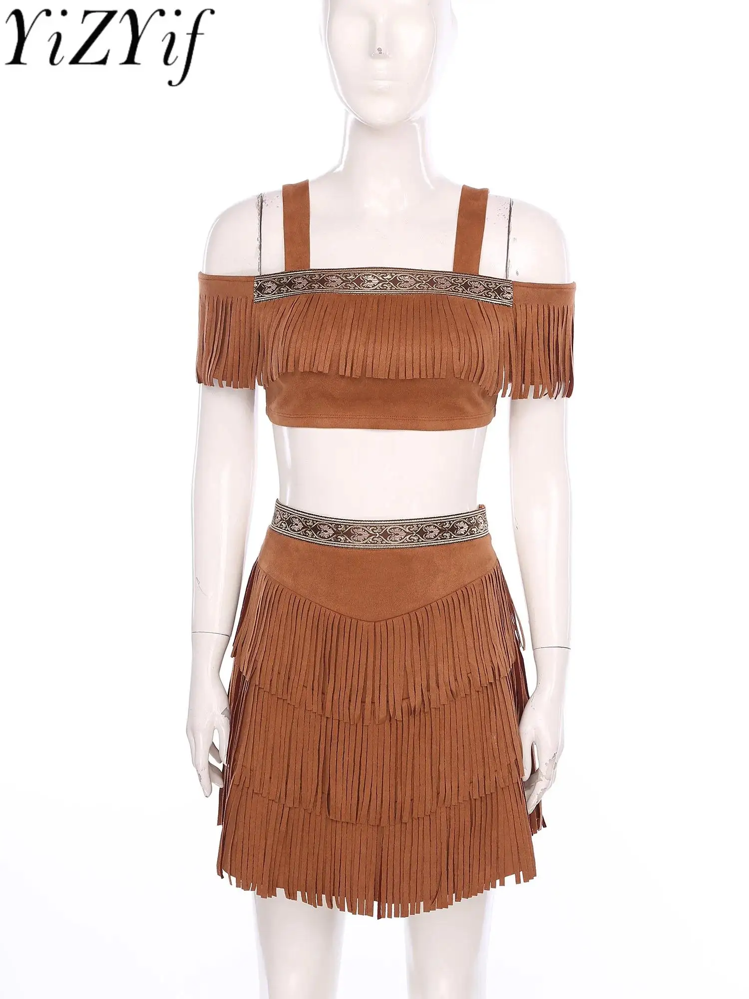 

Two Pieces Native Princess Cowgirl Cosplay Costumes Women Halloween Vintage Aboriginal Tribe Folkloric Costume Carnival Party