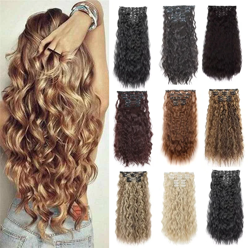 

Clip In Hair Extensions 16 CLips 18 Inch Long Water Wave Hair Extension For Women Full Head Synthetic Hair Extensions Hairpieces