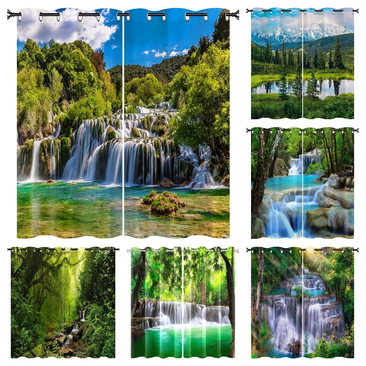 

Forest Waterfall High Shading Curtains for Bedroom Natural Landscape Blackout Drapes Mountain Stream Window Curtain Living Room