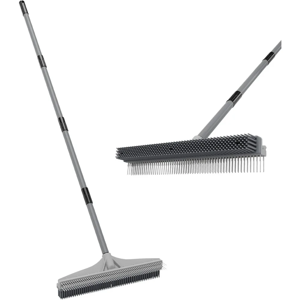 

2-in-1 Carpet Rake Pet Hair Remover Adjustable Long Handle Rubber Broom for Rugs Stairs Floors Mats