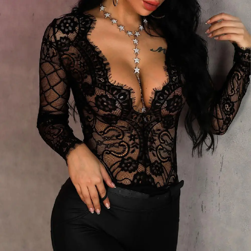 Hollow Out Sexy body topy V Neck czarny kolor przepuszczalność kobiety Bodycon body kombinezon seksowna bielizna