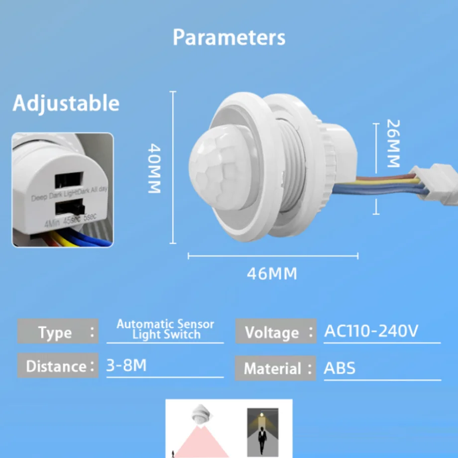 YzzKoo LED PIR Adjustable Delay Embedded Human Body Infrared Detector Infrared Motion Sensor Detector Switch AC85V-265V