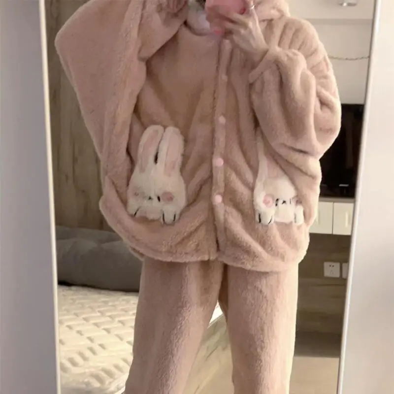 

Пижамный костюм для девочек с героями мультфильмов, весенне-осенний кавайный пижамный костюм с капюшоном на флисовой подкладке, утепленная женская милая ночная рубашка, домашняя одежда из кораллового флиса