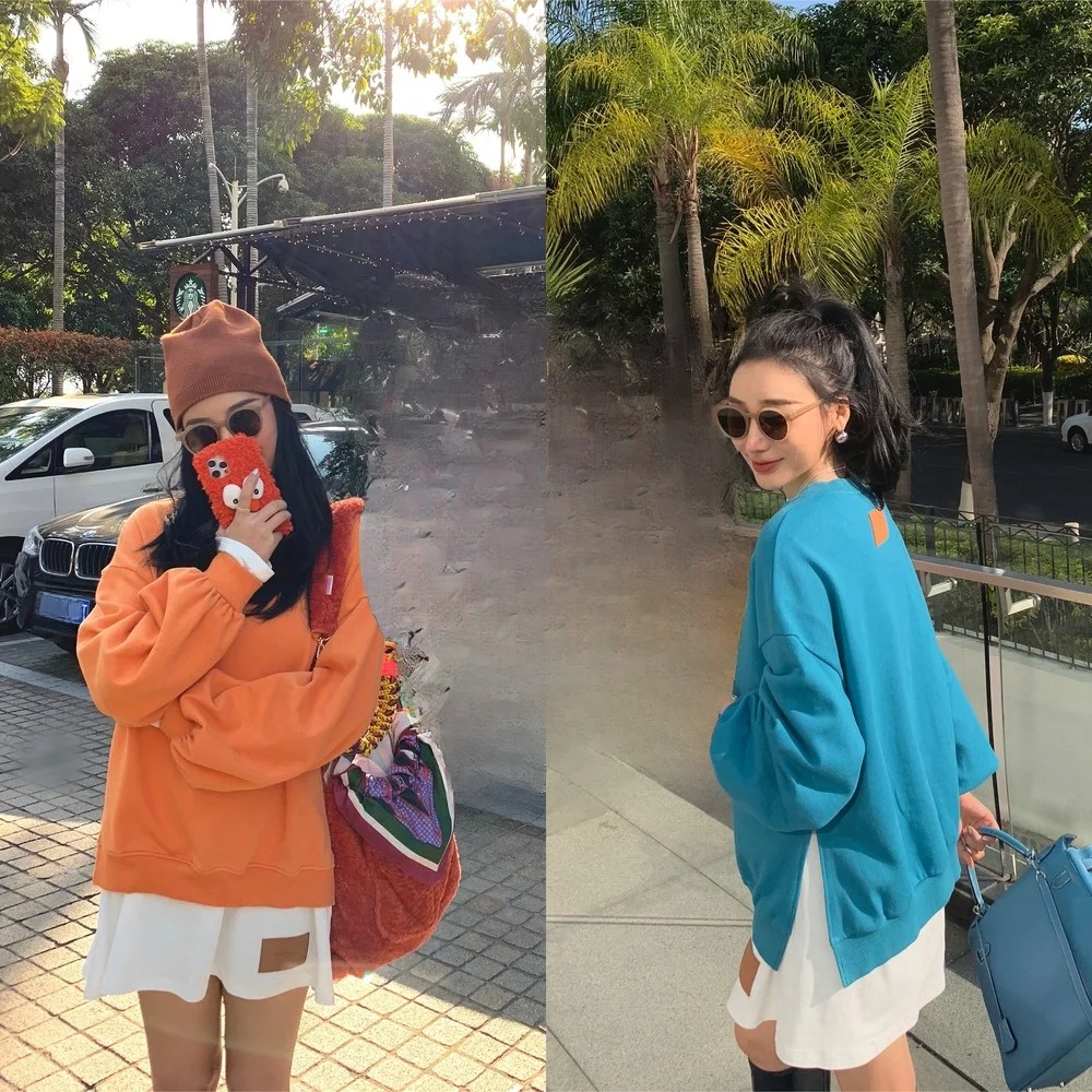 

Удобная женская толстовка оверсайз: корейский дизайн, длинный рукав, круглый вырез, однотонная, весенняя коллекция