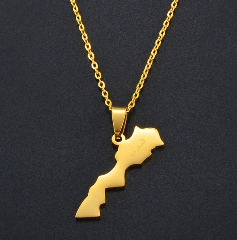 Morocco Map Pendant With Chain Jewelry  Beautiful Moroc Culture Gift For Him Her Mom Dad 18K Gold Plated Jewelry  Africa Culture