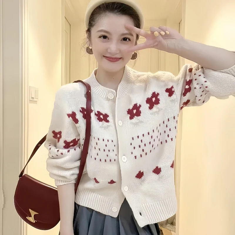 

Корейский модный кардиган с цветочной вышивкой, топы, осень-зима, вязаный свитер с длинными рукавами, однобортный женский трикотаж