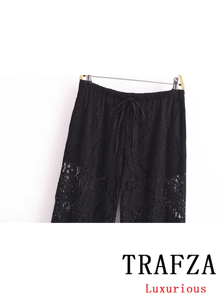 TRAFZA Vintage Casual Lace Women Suit Single Breasted Long Sleeve Shirt Loose Long Pants Chic Fashion 2024 Spring Basics Sets