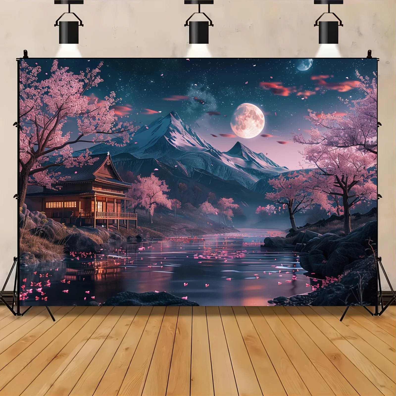 Cherry blossom Japanese landscape with moonlight night view of mountains and rivers Polyester banner multi-purpose decoration