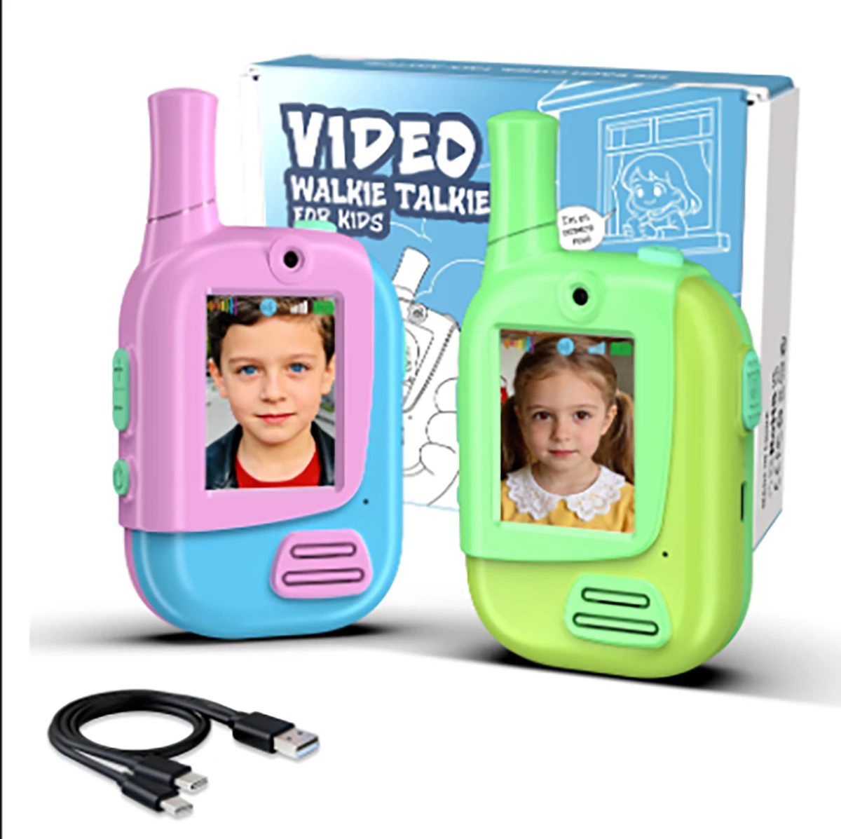 2 Pack Rechargeable Kids Video Walkie Talkies with 4 Voice Changer Functions | Indoor & Outdoor Games, Camping, Hiking, Travel |