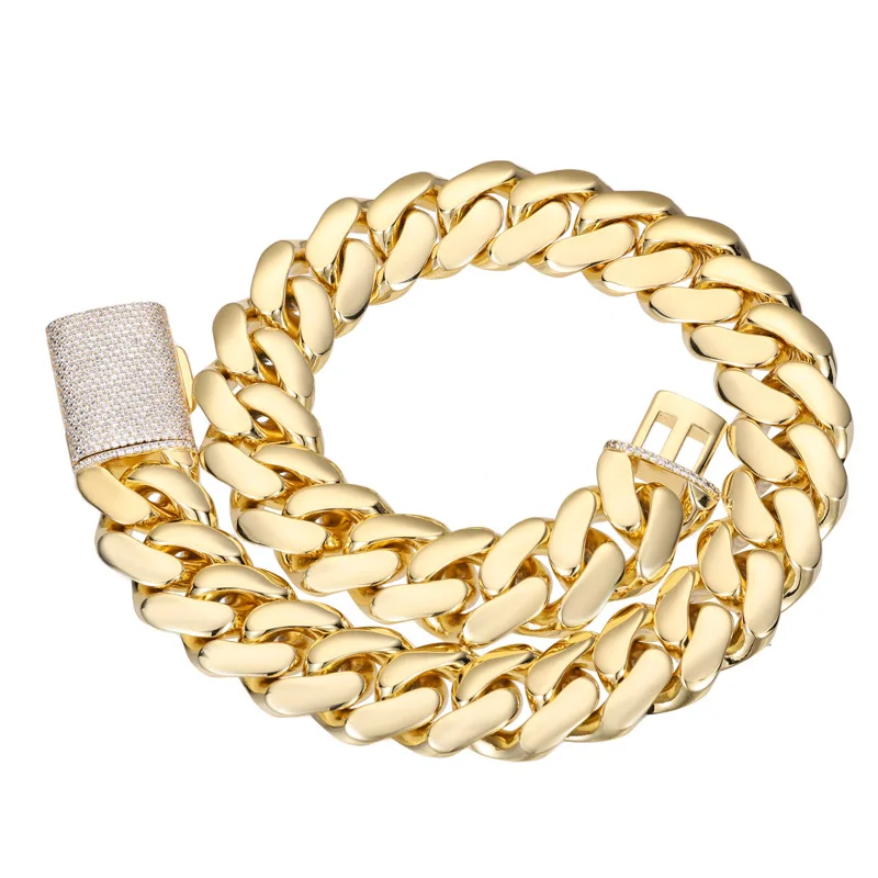 

25MM Hip Hop Cuban Link Chain Necklace Real Gold Plated Copper Full Zircon Clasp Men's Jewelry