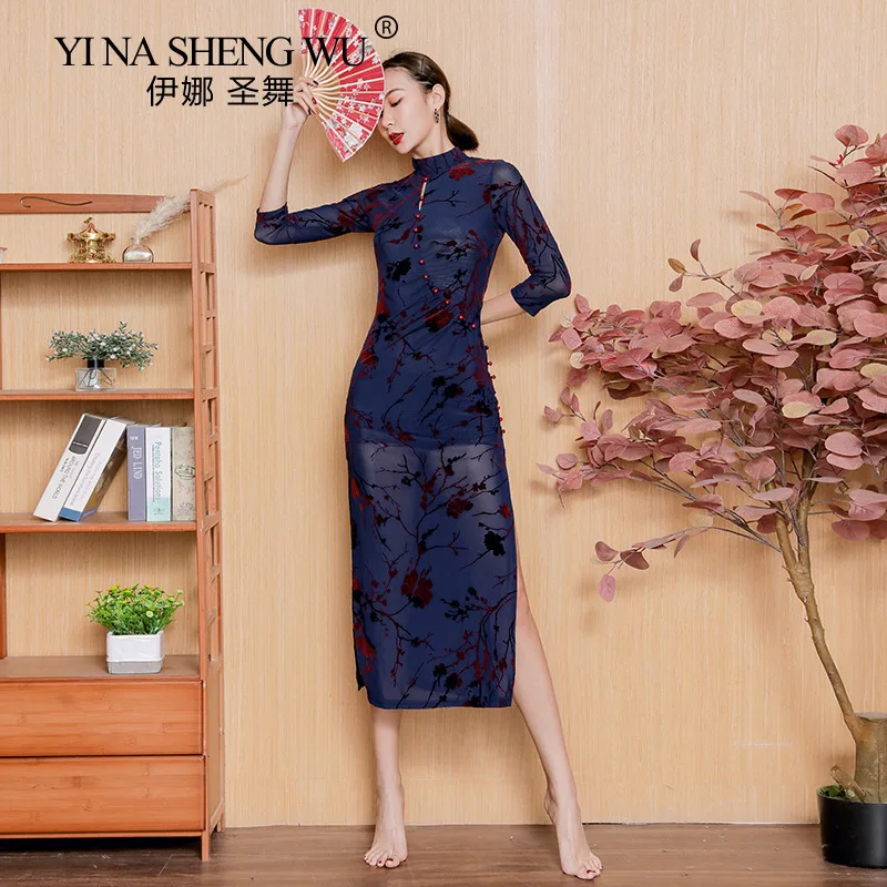 

Chinese Style High-collar Cheongsam Classical Dance Practice Clothes Sexy High-split Slim-fit Cheongsam Long Skirt Costumes New