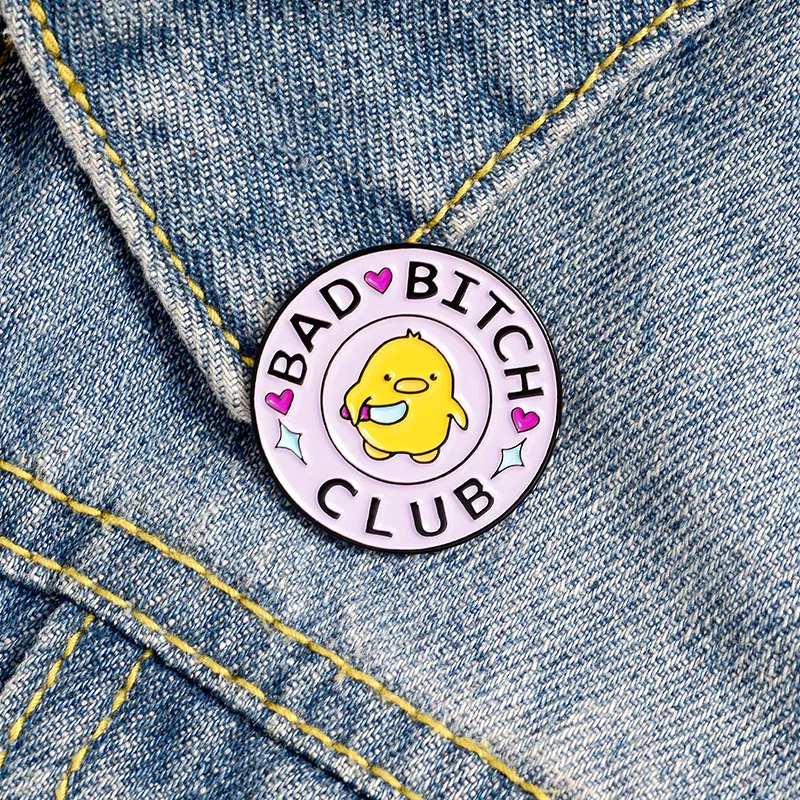 Cute Chick Enamel Pins Round Bad Btch Club Text Brooches Cartoon Chick with Knife Bagdes Backpack Jewelry Gift For Friends