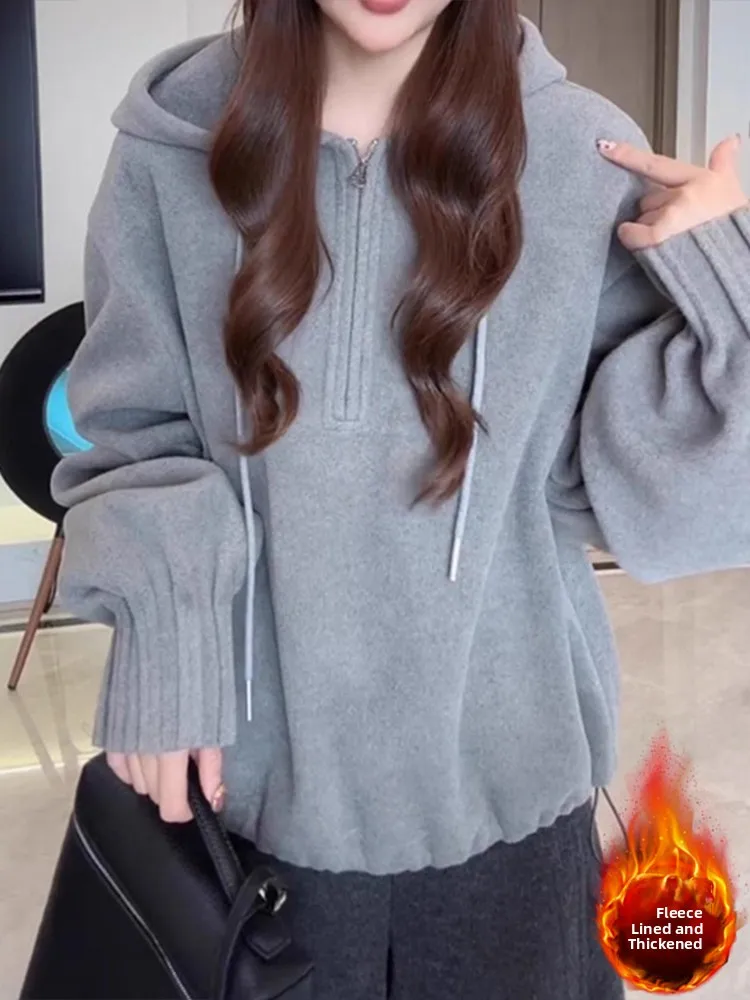 Koreaanse Sle-sweater met capuchon Dames Winter Nieuwe Thiened Fce Casual anti-aging top met rits Los afslankend