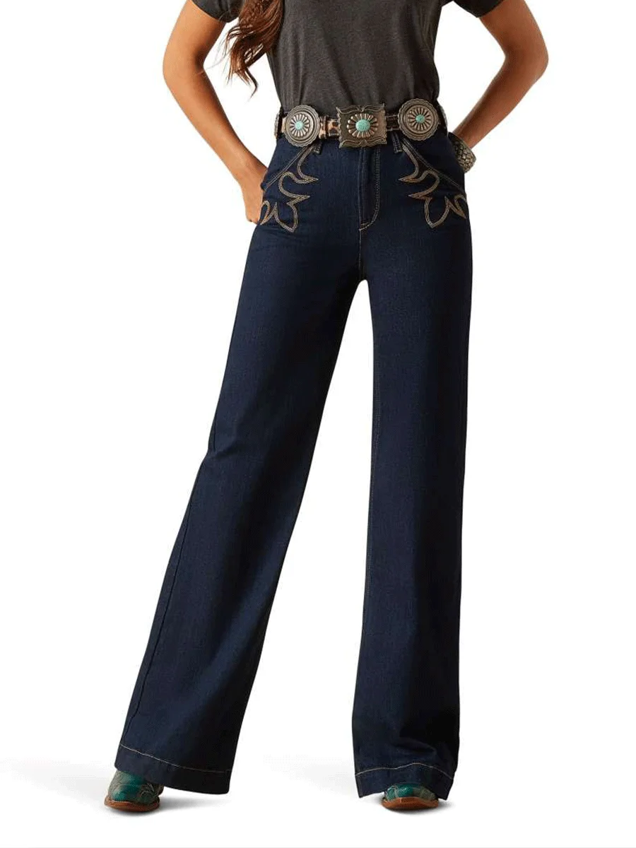 

Повседневные джинсовые брюки прямого кроя с высокой талией и вышивкой