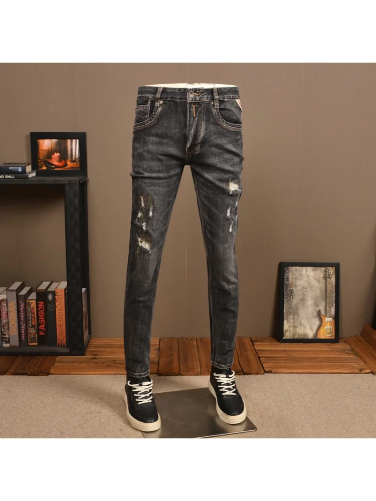 Retro Make Old Ripped Jeans Men's Fashion Stretch Slim High Street Ruffle Handsome Washed Casual Men's Black Trousers