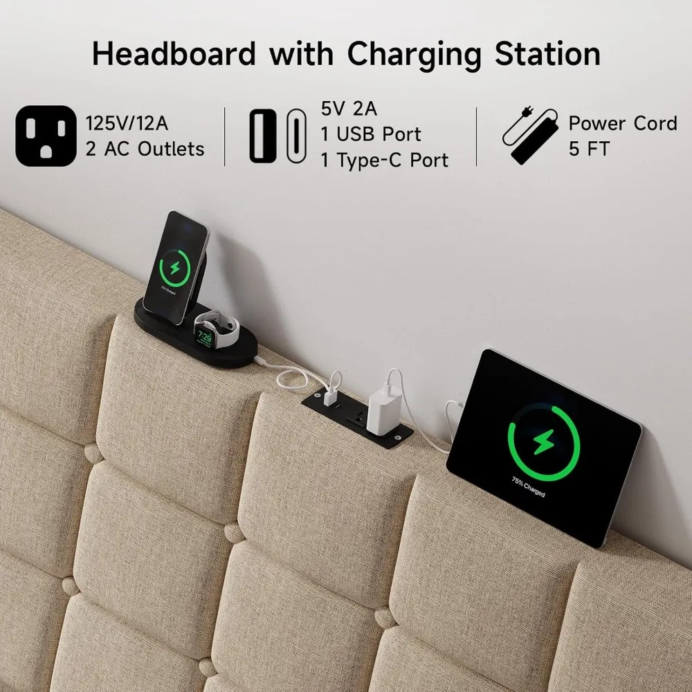 Queen Size Upholstered Headboard with Charging Station and Linen Wingback Headboard with Storage Pockets