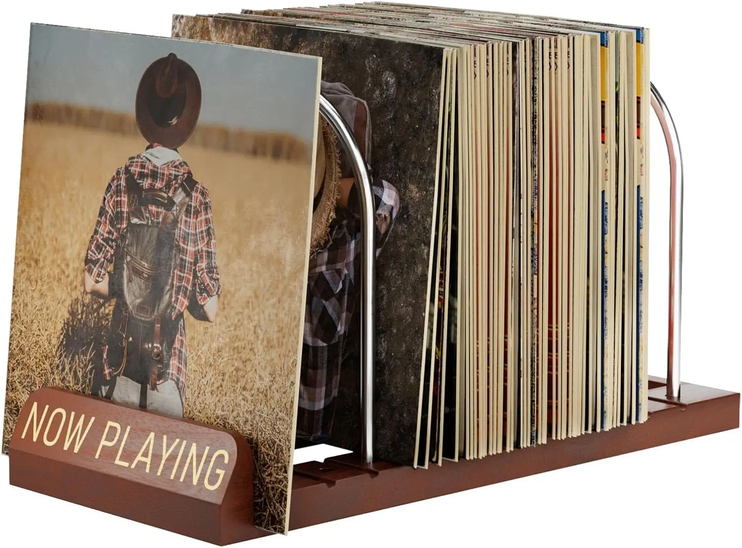 

Vinyl Record Stand, Holds 50 LPs, Non-Slip Grooves, Wood & Iron, Easy Assembly, Gift Box