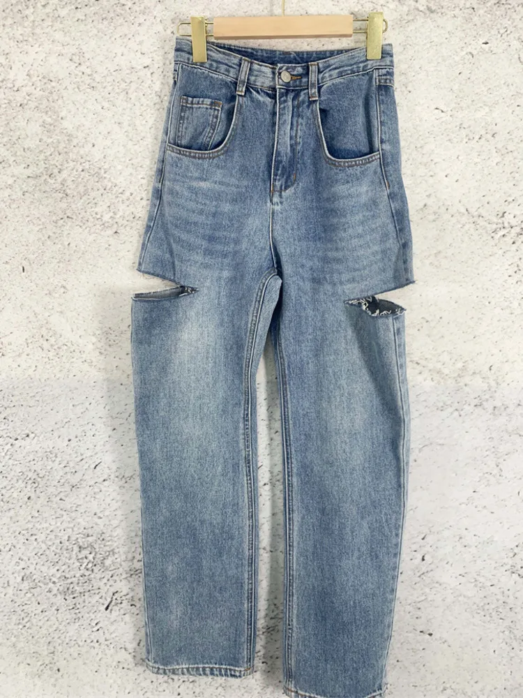 [oein] 2024 Women Summer Autumn Winter Knife Cuts Holes Pants Wide Leg High Waist Jeans Street Trendsetters