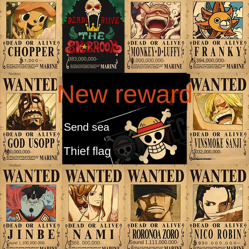 One Piece Luffy Roronoa Zoro Kaidou Shanks Ace Bounty Wanted Poster Retro Kraft Paper Dormitory Bedroom Decorative Wall Sticker