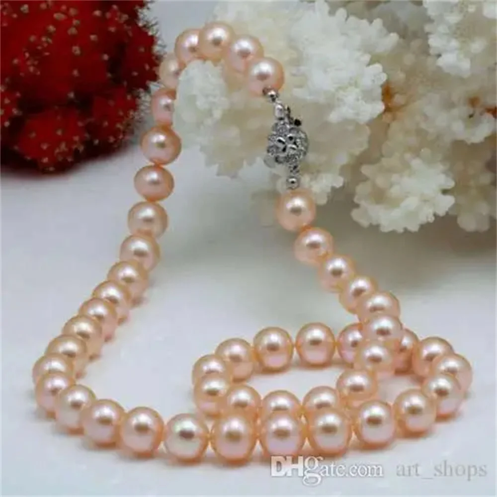 

new 8-9mm Pink Akoya Cultured Pearl Round Beads Necklace 18"