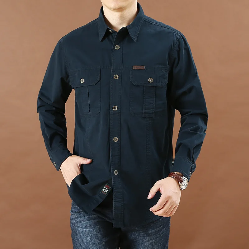 Pure Cotton Casual Shirt Men Oversize Loose Long Sleeve Cargo Shirts Men\'s Clothing High Quality Solid Tooling Shirt 6XL A2F1388