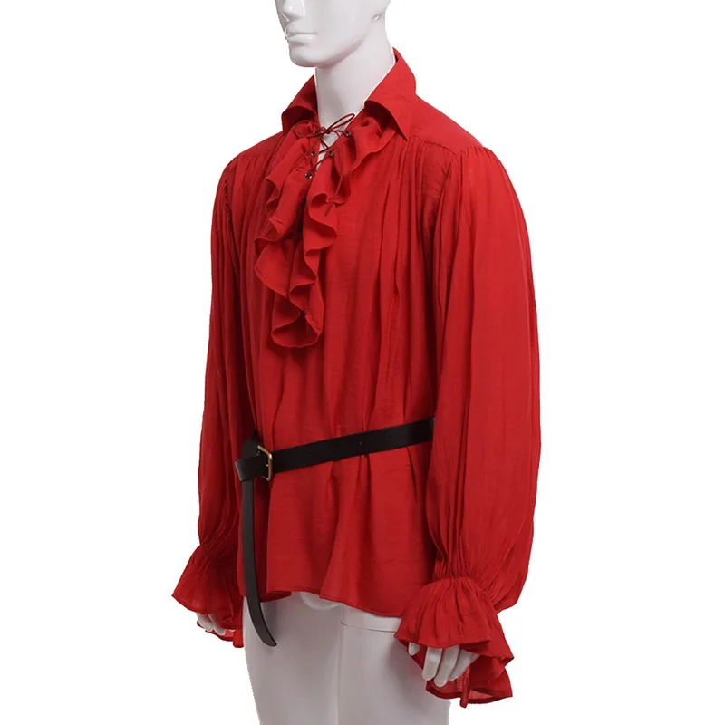 Groothandel Middeleeuwse Renaissance Vetersluiting Shirt Bandage Tops Ruches Shirt Mode Mannen Vintage Kostuum Pluizige Lange Mouw Mannelijke