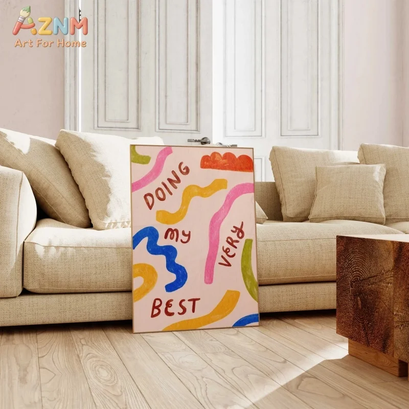 AZNM Doing My Very Best Canvas Wall Art Colorful Wavy Line Abstract Positive Quote Print Unframed Canvas Cute Room Decor Poster