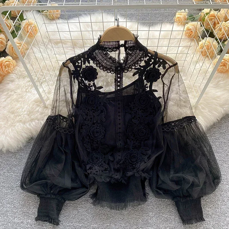 White Sexy Lace Hollow Out Women Blouse Autumn 2024 Spring Black Top Vintage Button Up Shirts Long Sleeve Mesh Design Tops