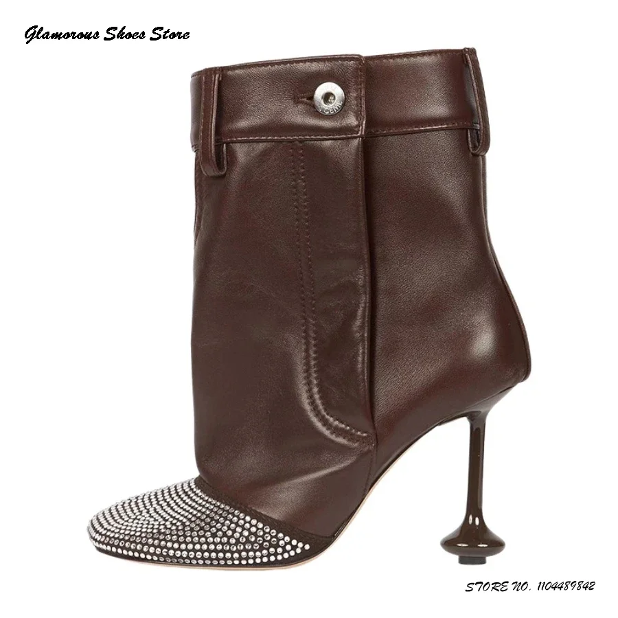

Crystal Square Toe Leather Booties Street Style Strange High Heels Ankle Boots Fashion Casual Button Fastening Runway Shoes