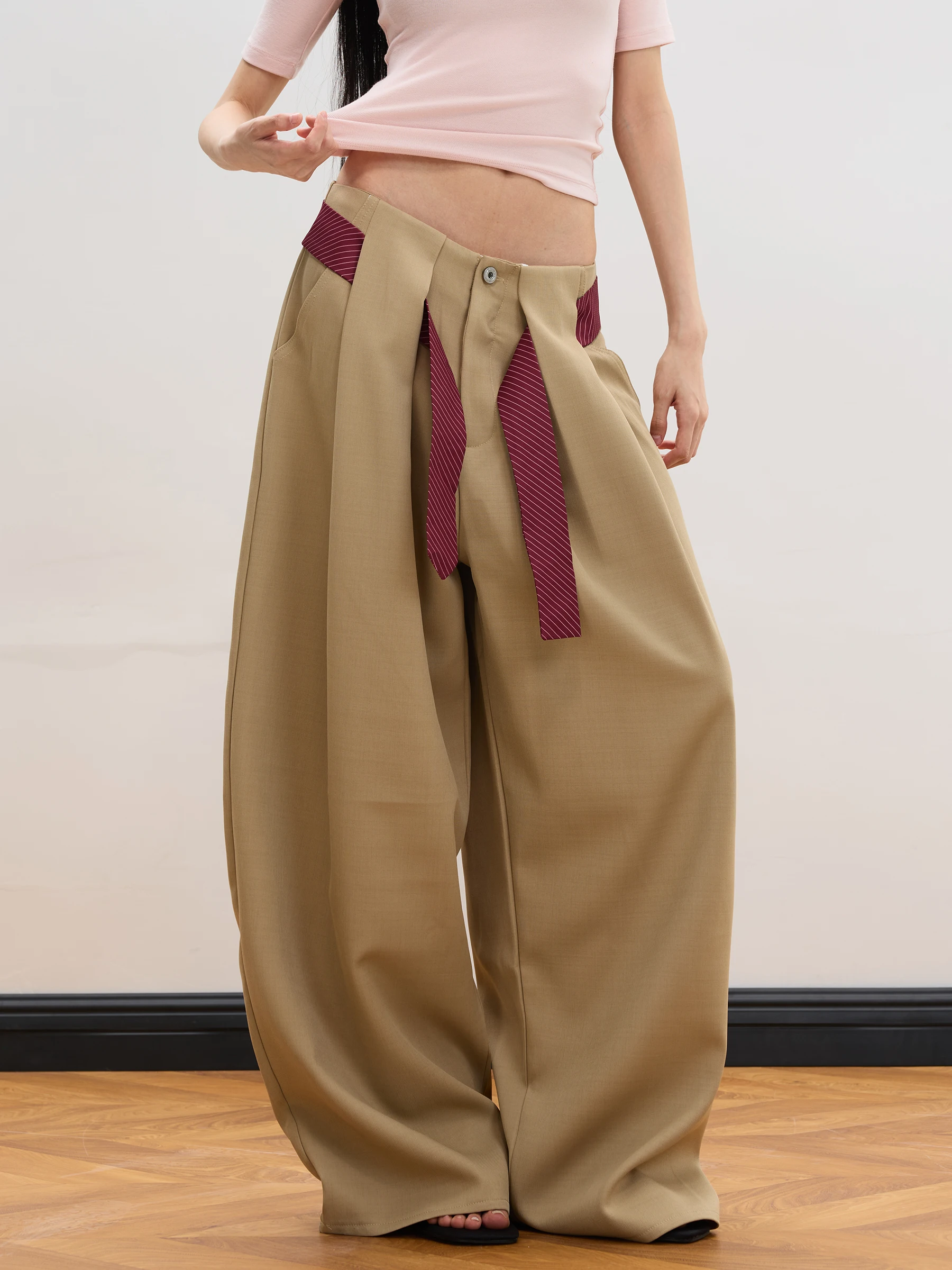 

American Style Vintage Belted Khaki Wide Leg Pants Draping Long Trousers Casual Pure Color Natural Waist Zipper Fly Ladies Pants