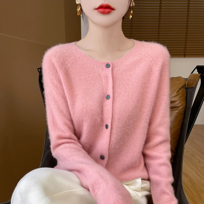 

Новинка 2025, осенне-зимний вязаный свитер, мягкий теплый шерстяной свитер, женский кардиган, однобортный, с круглым вырезом, простые универсальные топы