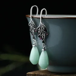 2024 Summer National Trend Electroplating Silver Color Craft Earrings for Women Imitation Jade Plant Retro Earrings Wedding Gift