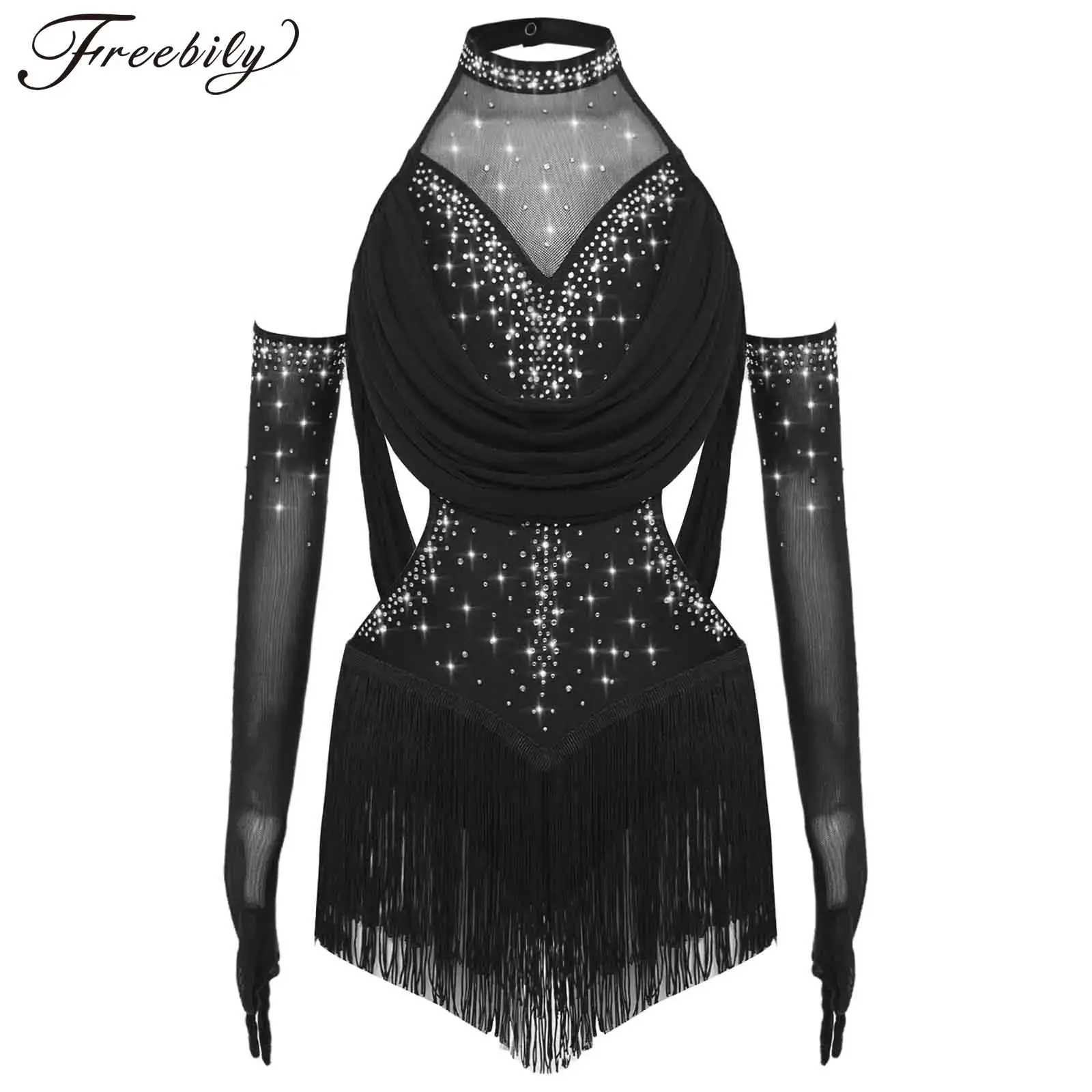 

Детское платье для латинских танцев для девочек, фигурное катание, ча-ча, самба, танго, одежда без рукавов, сетчатый купальник со стразами и вырезами