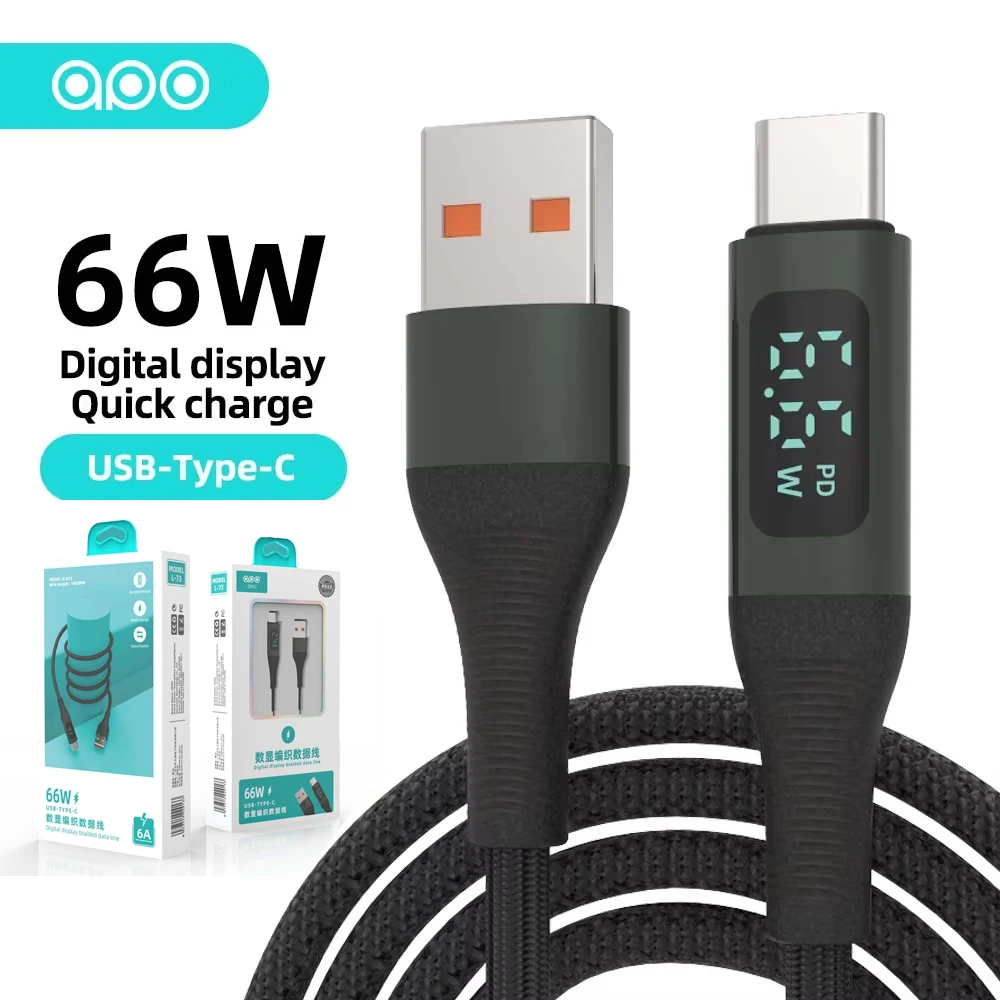 

Kiki Shoot 5 шт. 6A USB Type-C цифровой дисплей линии передачи данных нейлоновые плетеные кабели для передачи данных 66 Вт шнур для быстрой зарядки кабель мобильного телефона L-73