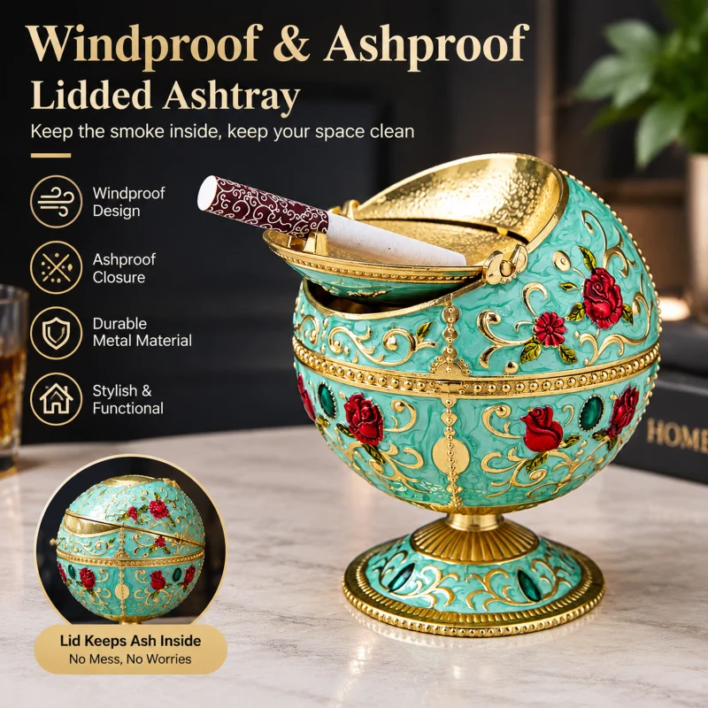 Light Luxury Metal Ashtray with Nordic Style Spherical Design and Lid Creative and Personalized Suitable for Office Cigar Ashtra