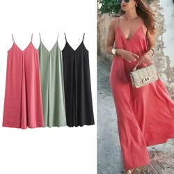 TRAF Long Dresses 2024 Summer Women's Elegant Party Slip Dresses Ladies Fashion Casual Backless Red Green Black Dress Vestidos