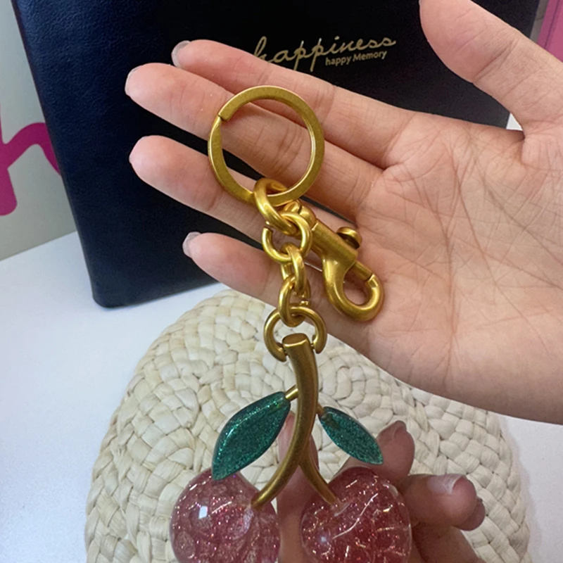 Pink Crystal Cherry Pendant Decoration accessory For Coach Handbag  Women\'s Shoulder Bag High-Grade Keychain Bag Attachment Part