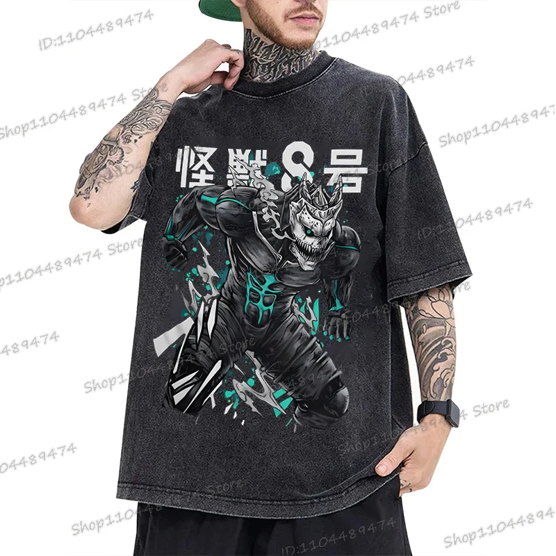 Anime Washed Tshirt Kaiju No 8 Harajuku Cotton Short Sleeve Oversize Tees Funny Kaiju Hachigou Streetwear Men Women Manga Tops