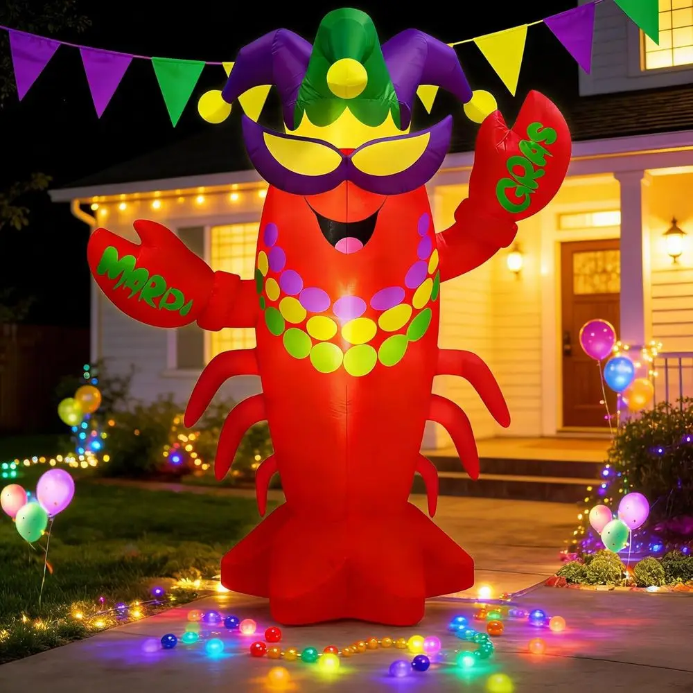 

6 FT Mardi Gras Iatable Lobster Outdoor Decorations with Carnival Crown, Necklace & Mask, Built-in LED Lights Blow Up Ya