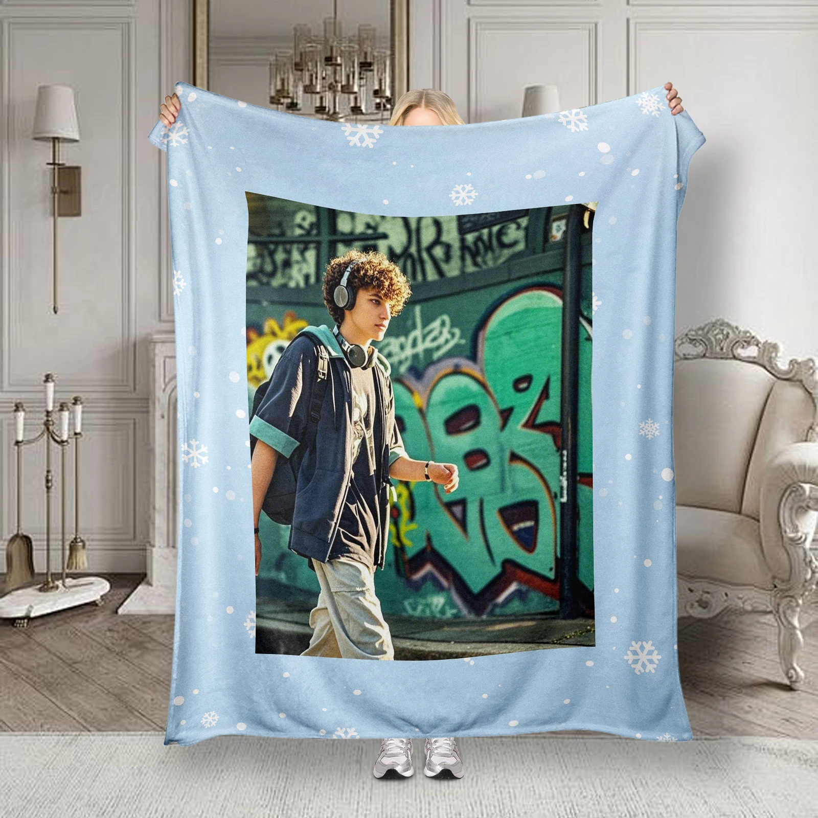 Blue Snowflake Photo Frame Blanket Creative Birthday Gift From Mom To Son C﻿ustomized Blankets with Pictures Use for Bedrooms