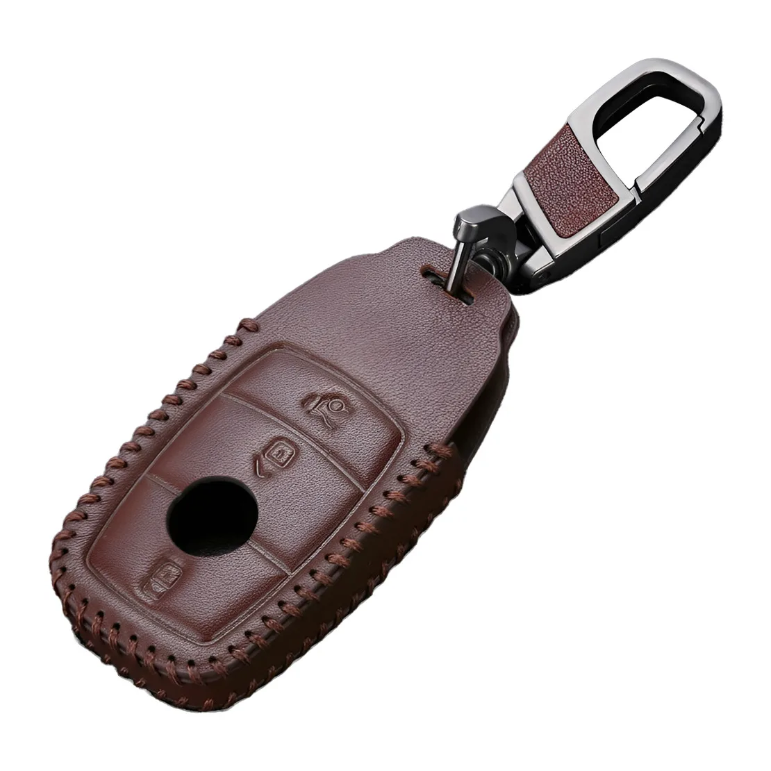 

Car Coffee Leather 3 Button Key Fob Cover Case Holder Bag with Keychain Fit For Mercedes-Benz A E C S Class Vito W907 E300 E400