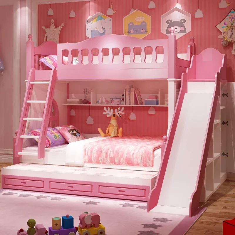 Children's bed up and down bed Girl princess Solid wood two-layer high and low Up and down wooden  Double sliding