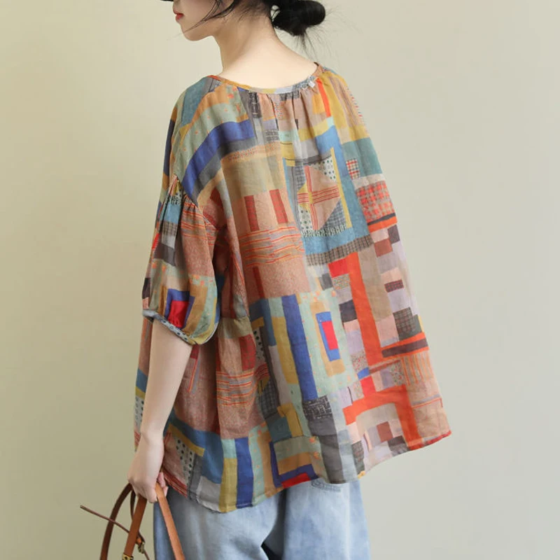 Women\'s Clothing 2024 Summer Fashion Vintage Geometric Print Oversized T-shirts Female Casual V Neck Short Sleeve Irregular Tops