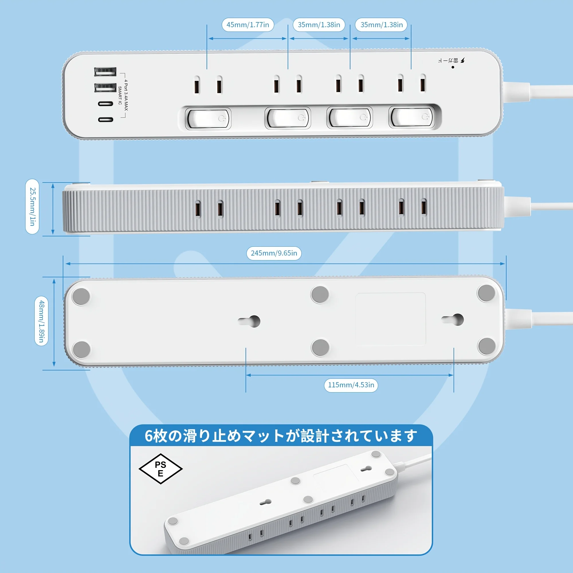 12-in-1 Japanese Power Socket with Independent Control Switches, 8 Ac Output Ports, 2 Usb-A Output Ports, 2 Type-C Output Ports, Plug with 180-Degree Adjustable Angle, Wall Mounting Hole Design, Anti-Slip Pad Design, Abs Fire-Resistant Material, Surge Protection, Maximum Power 1400 Watts, Pse Certification, Suitable for Bedrooms/Kitchens/Studies/Offices, Etc
