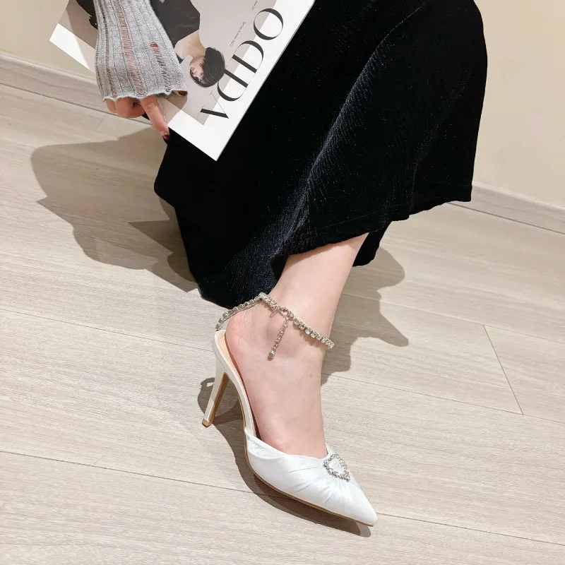 New Fashionable Pointed One-word with High-heeled Sandals Love Rhinestone Bag Head High-heeled Sandals Banquet Shoes Size 35-41