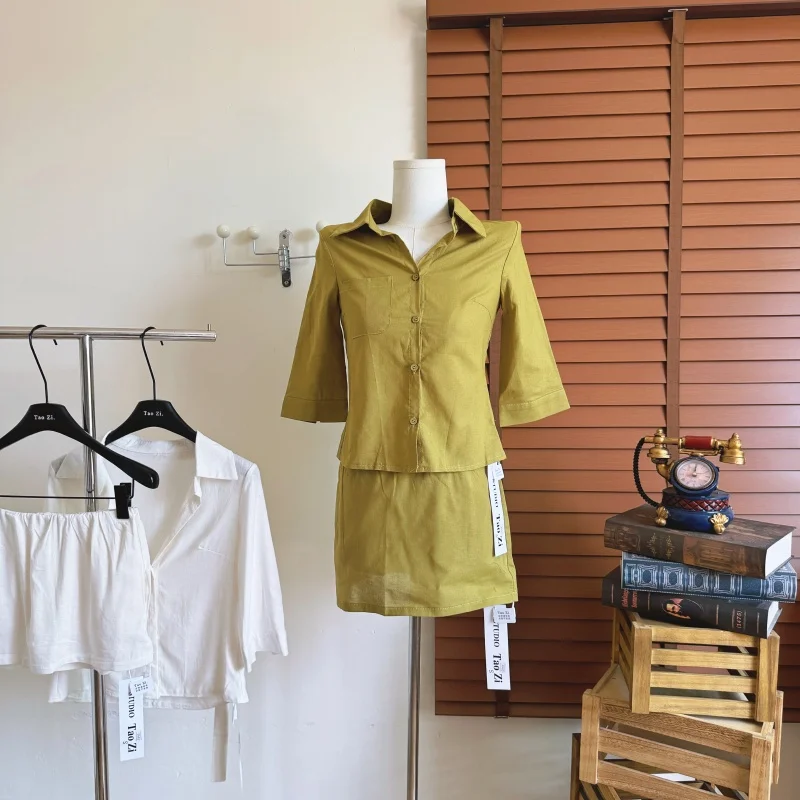 

Women's Summr Elegant Two Pieces Linen Skirt Set Lady Sexy Slim Half Sleeve Single Breasted Shirt Top + Low Waist Mini Skirt