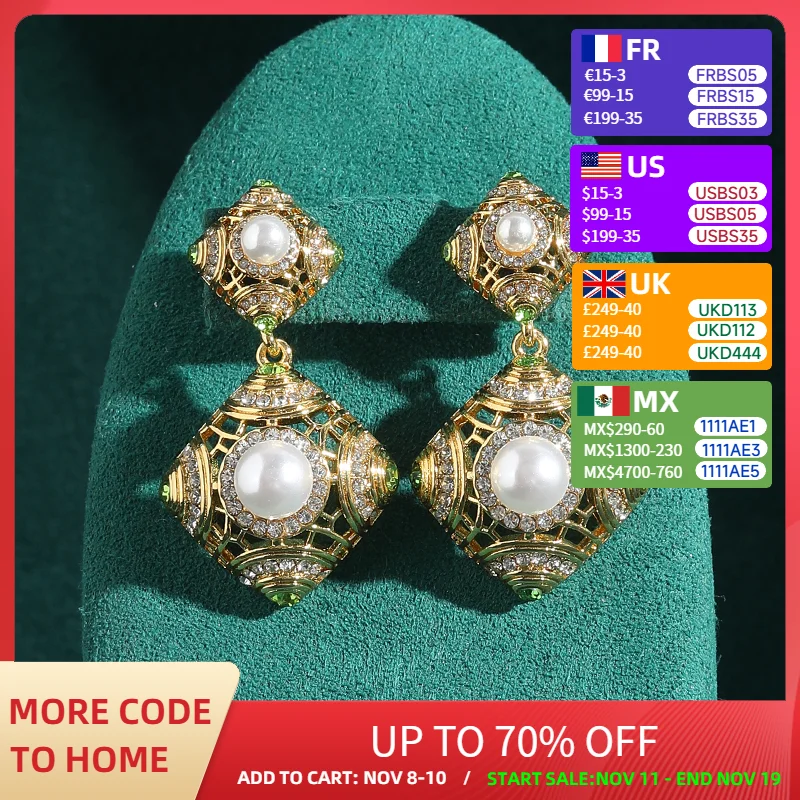 Luxury Designer Pearl Earrings Charms Drop Vintage Jewellery High Quality Green Rhinestones Large Geometric Accessories Woman