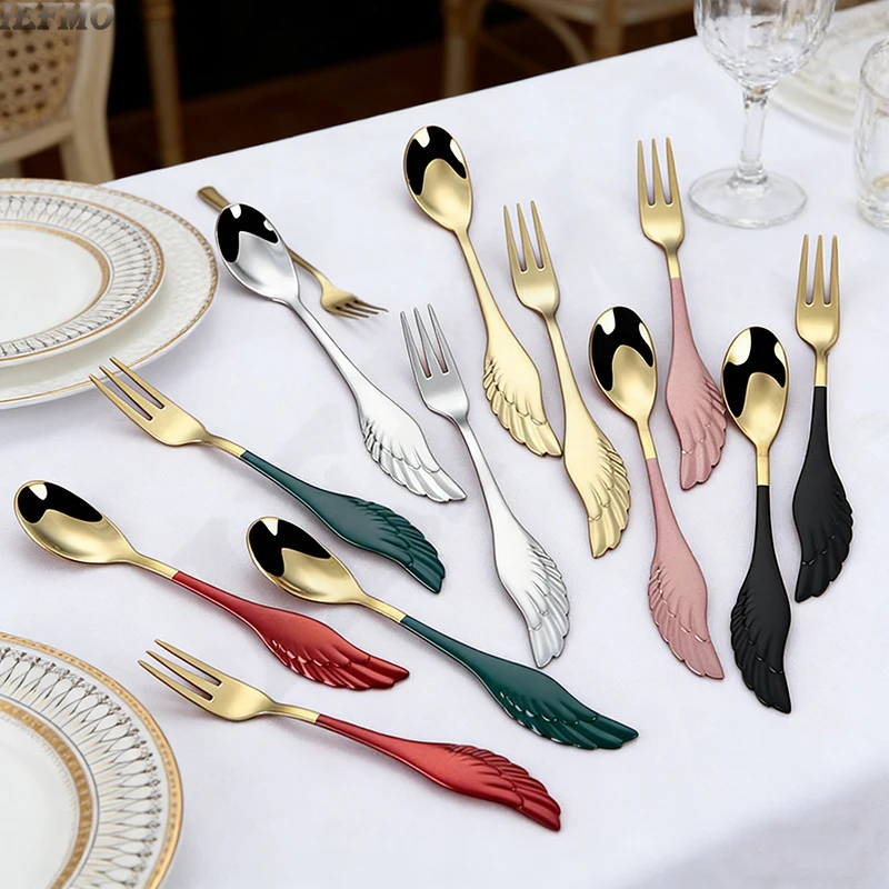 Löffel-Gabel-Set aus Edelstahl 304, Silberwaren mit einzigartigem Flügel-Design, Kaffee-Dessert-Rührlöffel, Weihnachtsgeschenkset, Heimdekoration