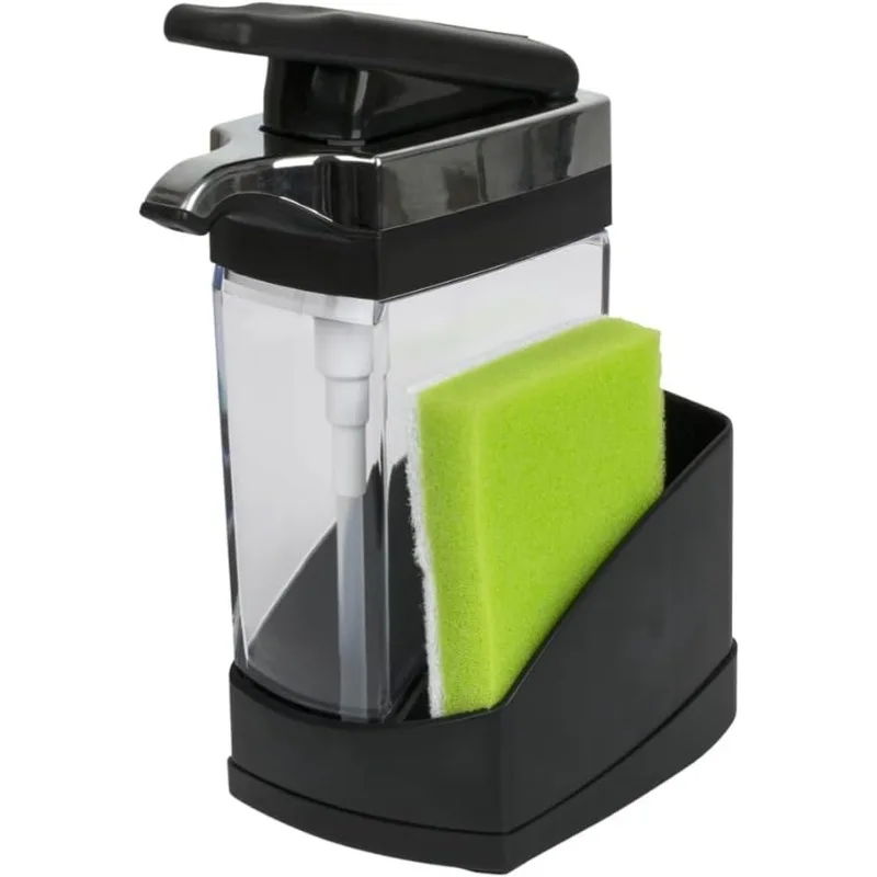 Sink Sider Solo Soap and Sponge Caddy - Kitchen Sink Organizer Combo, Black/Chrome