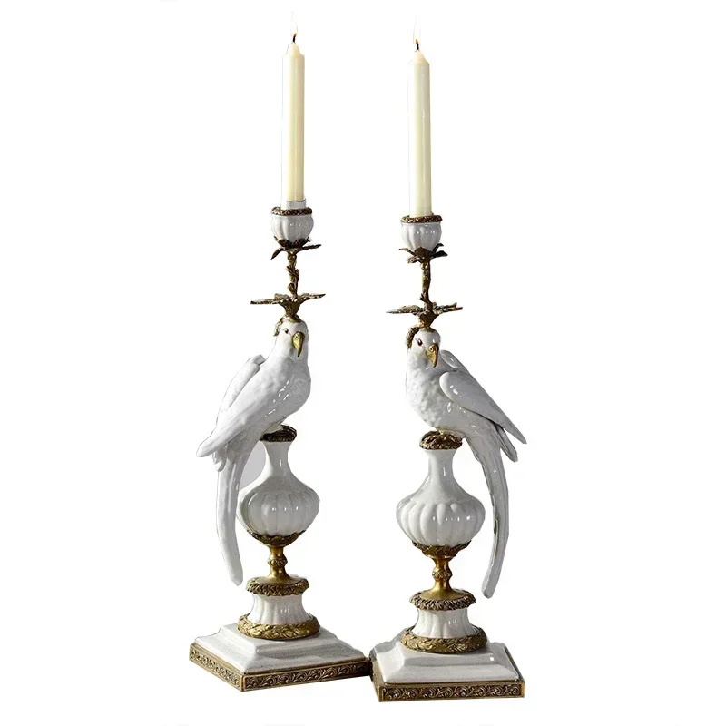 Pure copper candlestick ornaments blue and white ceramic parrot candlestick porch classical home living room crafts ornaments